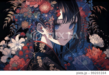 鮮やかな花に包まれた着物が似合うミステリアスな女性「AI生成画像」 99203164