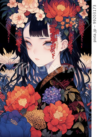 鮮やかな花に包まれた着物が似合うミステリアスな女性「AI生成画像」 鮮やかな花に包まれた着物が似合うミステリアスな女性「AI生成画像」 99203173