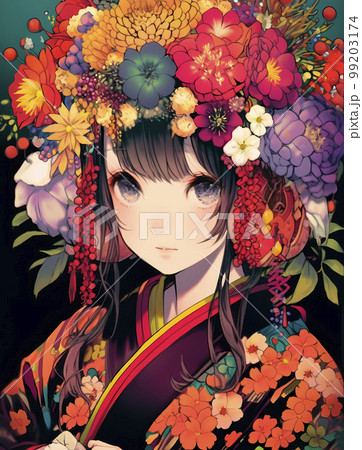鮮やかな花に包まれた着物が似合うミステリアスな女性「AI生成画像」 鮮やかな花に包まれた着物が似合うミステリアスな女性「AI生成画像」 99203174