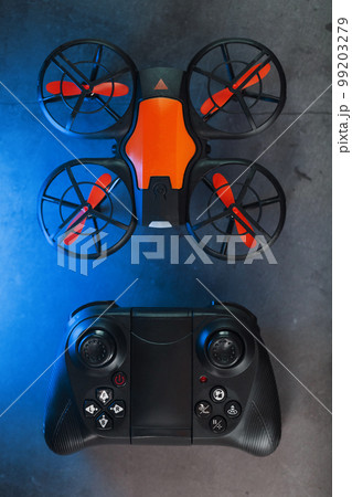 Quadcopter drone with joystick control and blue neon backlight Quadcopter drone with joystick control and blue neon backlight 99203279