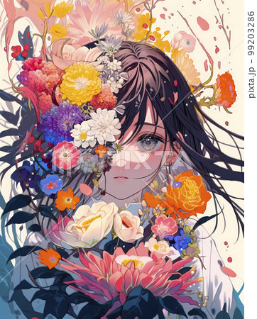 たくさんの美しい花に包まれたクールな少女「AI生成画像」 99203286
