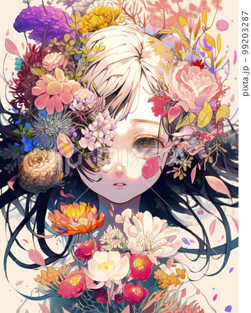 たくさんの美しい花に包まれたクールな少女「AI生成画像」のイラスト