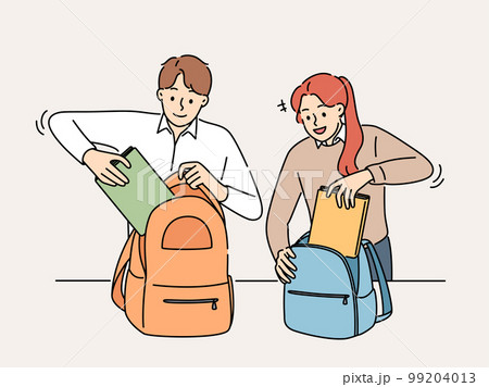 Smiling students pack backpacks in school  99204013
