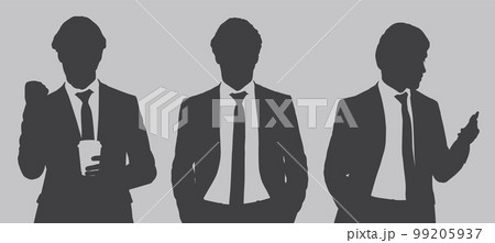 Dark gray silhouettes portrait of three businessmen posing on gray background, flat line vector and illustration. 99205937