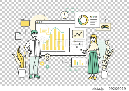 Illustration of men and women discussing digital technology 99206019