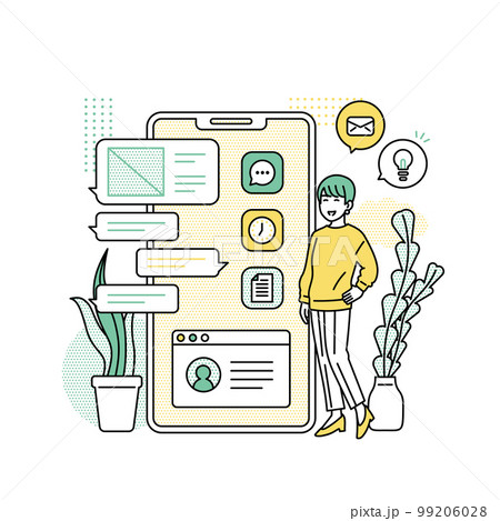 スマートフォンの横に立つ女性のイラスト 99206028