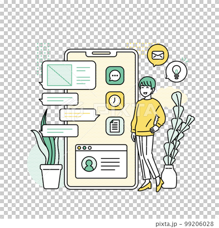 Illustration of a woman standing next to a smartphone 99206028