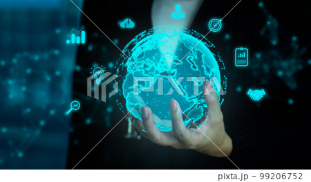 Business and Technology concept. Businesswoman hand holding on virtual digital world control and connecting on blurred building background. 99206752