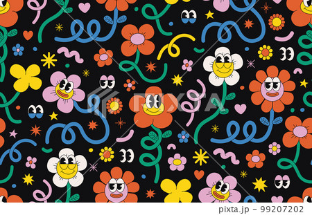Retro cartoon flower character seamless pattern. Groovy funky comic daisy flower with eyes and abstract cloud shapes in trendy retro cartoon style. Vector background with wavy spiral and loop element. 99207202