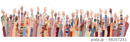 Isolated many raised group hands and arms of multicultural and international women. Women s day. Businesswomen. Equality Allyship. Female social community of diverse culture. Empowerment Isolated many raised group hands and arms of multicultural and international women. Women s day. Businesswomen. Equality Allyship. Female social community of diverse culture. Empowerment 99207231