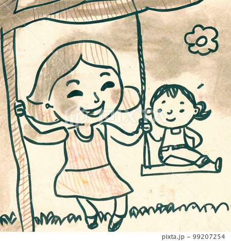 晴れた日に児童公園で子供がブランコに乗っている。それを見ている母親は幸せそう。