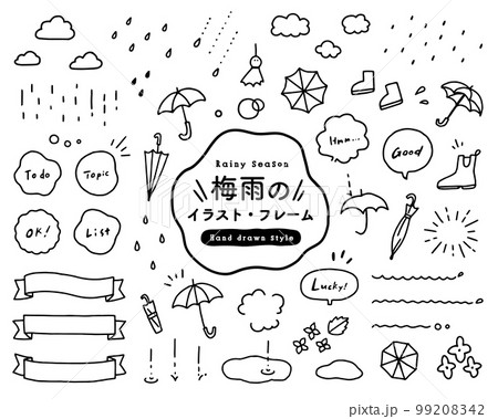 梅雨の手描きイラストとフレームのセット　6月　傘　長靴　雲　シンプル　飾り　リボン　吹き出し　装飾 99208342