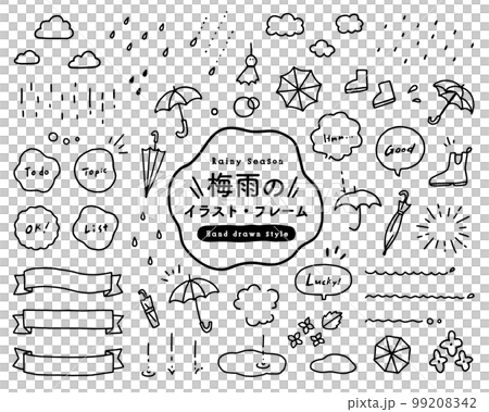 梅雨の手描きイラストとフレームのセット　6月　傘　長靴　雲　シンプル　飾り　リボン　吹き出し　装飾 99208342