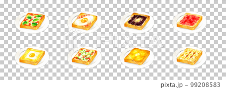 A set illustration of toast on a plate A collection of hand-drawn watercolor illustrations for cooking and cafe menus A set illustration of toast on a plate A collection of hand-drawn watercolor illustrations for cooking and cafe menus 99208583