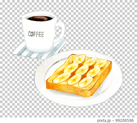 白いお皿に乗ったバナナトーストとコーヒー　料理・カフェメニューの手描き水彩イラスト素材 99208586