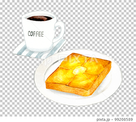 白盤上的黃油吐司和咖啡 手繪水彩插圖材料，用於烹飪和咖啡館菜單 99208589