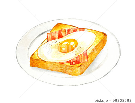 お皿に乗った目玉焼きトースト 料理・カフェメニューの手描き水彩