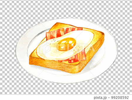 お皿に乗った目玉焼きトースト 料理・カフェメニューの手描き水彩