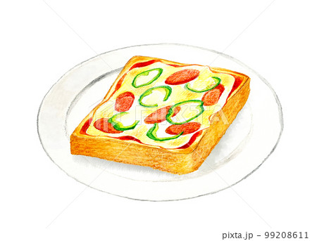 白い皿に乗ったピザトースト　料理・カフェメニューの手描き水彩イラスト素材 99208611