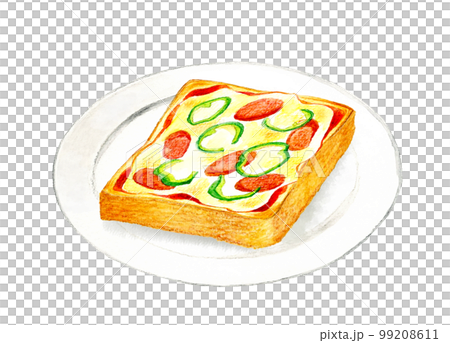 白い皿に乗ったピザトースト　料理・カフェメニューの手描き水彩イラスト素材 99208611