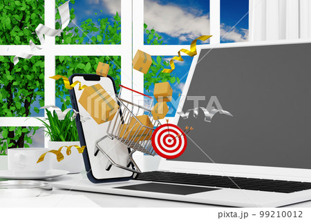 Concept of online shopping on website store with smartphone, trolley and parcel decor 3D rendering. 99210012