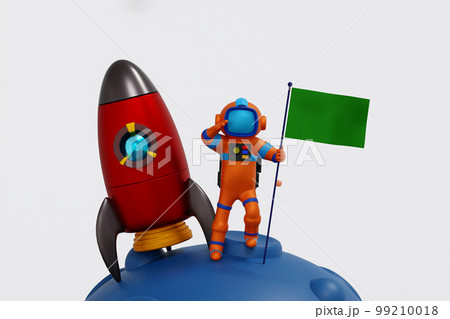 Astronaut holding green flag on the moon with rocket shuttle, space adventure discovery, 3D render. 99210018