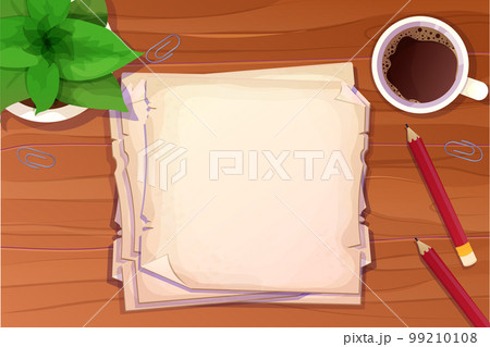 Workplace with stationary, cup with coffee, notebook, paper notes top view on wooden desk, table in cartoon style. 99210108