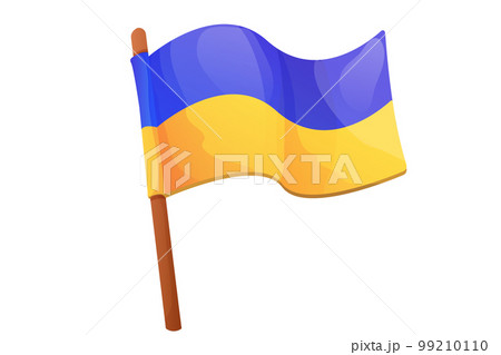 Ukrainian flag, national symbol on wooden stick in cartoon style isolated on white background. 99210110