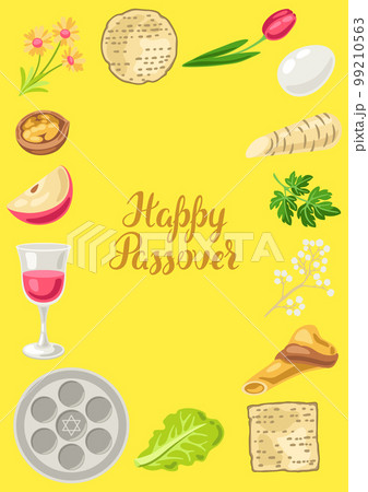 Happy Pesach Jewish Passover plate decorative frame. Holiday background with traditional symbols. 99210563