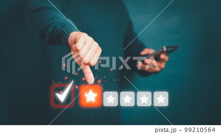 Man give negative reviews for customer satisfaction surveys. One star rating for testimonial, customer evaluation feedback, service rating satisfaction and certification concept. 99210564