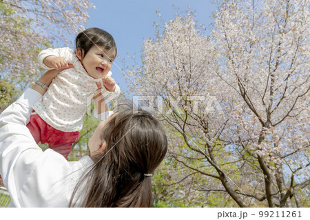桜の咲く公園で娘を抱き上げる母親 桜の咲く公園で娘を抱き上げる母親 99211261