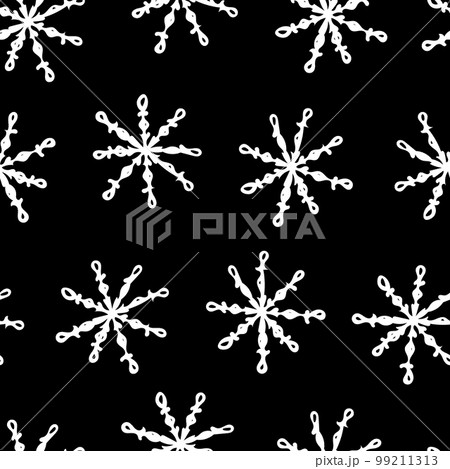 Seamless Pattern with White Snowflakes on Black Background. Abstract Hand-Drawn Doodle Snowflakes. 99211313