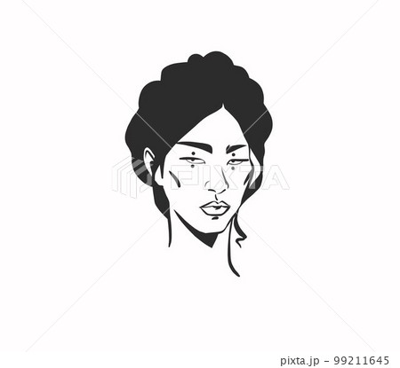 Hand drawn vector abstract outline,graphic,line art magic young witch female portrait in minimalistic modern style.Black witchy girl outline character design concept.Outline witch silhouette isolated. 99211645