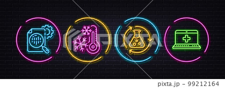 Seo stats, Chemistry experiment and Freezing minimal line icons. Neon laser 3d lights. Medical help icons. For web, application, printing. Cogwheel, Laboratory flask, Air conditioning. Vector 99212164
