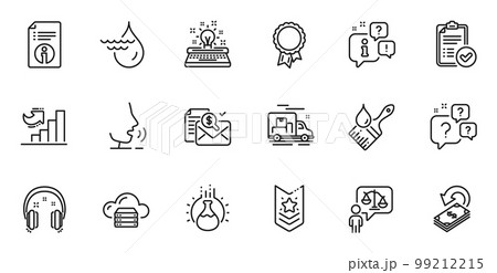 Outline set of Chemistry experiment, Success and Technical info line icons for web application. Talk, information, delivery truck outline icon. Vector 99212215