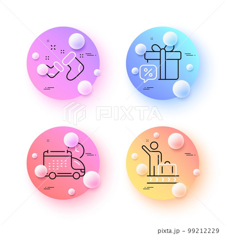 Luggage belt, Sale gift and Santa boots minimal line icons. 3d spheres or balls buttons. Delivery icons. For web, application, printing. Arrival baggage, Discounts, New year. Cargo schedule. Vector 99212229
