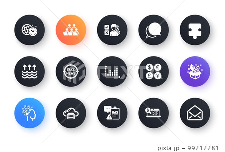 Minimal set of Puzzle, Fake news and Creativity flat icons for web development. Online accounting, Teamwork, Clipboard icons. Idea, Evaporation, Dot plot web elements. Money currency. Vector Minimal set of Puzzle, Fake news and Creativity flat icons for web development. Online accounting, Teamwork, Clipboard icons. Idea, Evaporation, Dot plot web elements. Money currency. Vector 99212281