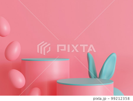 Two pink and blue podiums with Easter eggs, rabbit ears and copy space. Stage for product, cosmetic presentation. Vivid Easter mock up. Pedestal, platform. Empty scene. Display, showcase. 3D render. Two pink and blue podiums with Easter eggs, rabbit ears and copy space. Stage for product, cosmetic presentation. Vivid Easter mock up. Pedestal, platform. Empty scene. Display, showcase. 3D render. 99212358
