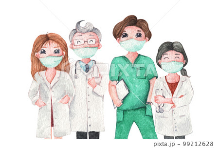 Doctor wearing medical mask. Watercolor illustration cartoon character. 99212628