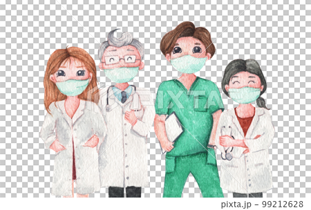Doctor wearing medical mask. Watercolor illustration cartoon character. 99212628