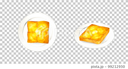 白いお皿に乗ったバタートースト　料理・カフェメニューの手描き水彩イラスト素材 99212930