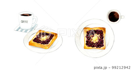 白いお皿に乗った小倉トーストとコーヒー　料理・カフェメニューの手描き水彩イラスト素材 99212942