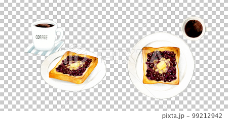 白いお皿に乗った小倉トーストとコーヒー　料理・カフェメニューの手描き水彩イラスト素材 99212942