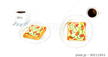 白い皿に乗ったピザトーストとコーヒー　料理・カフェメニューの手描き水彩イラスト素材 99212943