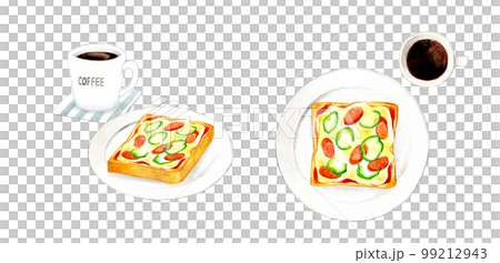 白い皿に乗ったピザトーストとコーヒー　料理・カフェメニューの手描き水彩イラスト素材 99212943