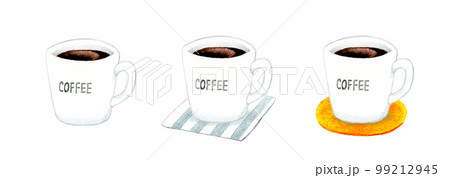 白いマグカップに入ったブラックコーヒー　料理・カフェメニューの手描き水彩イラスト素材 99212945