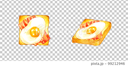 Fried egg and bacon toast, hand-painted watercolor illustration material for food and cafe menu Fried egg and bacon toast, hand-painted watercolor illustration material for food and cafe menu 99212946