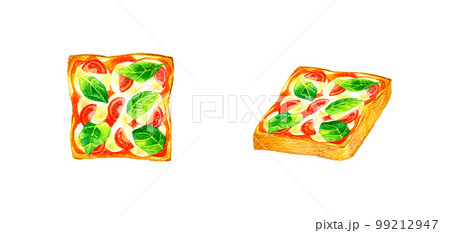 プチトマトとバジルのマルゲリータ風ピザトースト　料理・カフェメニューの手描き水彩イラスト素材 99212947