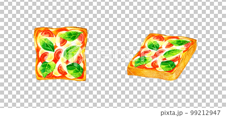 プチトマトとバジルのマルゲリータ風ピザトースト　料理・カフェメニューの手描き水彩イラスト素材 99212947