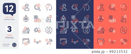 Set of Gears, Wallet and Spanner tool line icons. Include Medical analyzes, Employee results, Share icons. Floor lamp, Making money, Refill water web elements. Friend, Balance. Vector 99213532